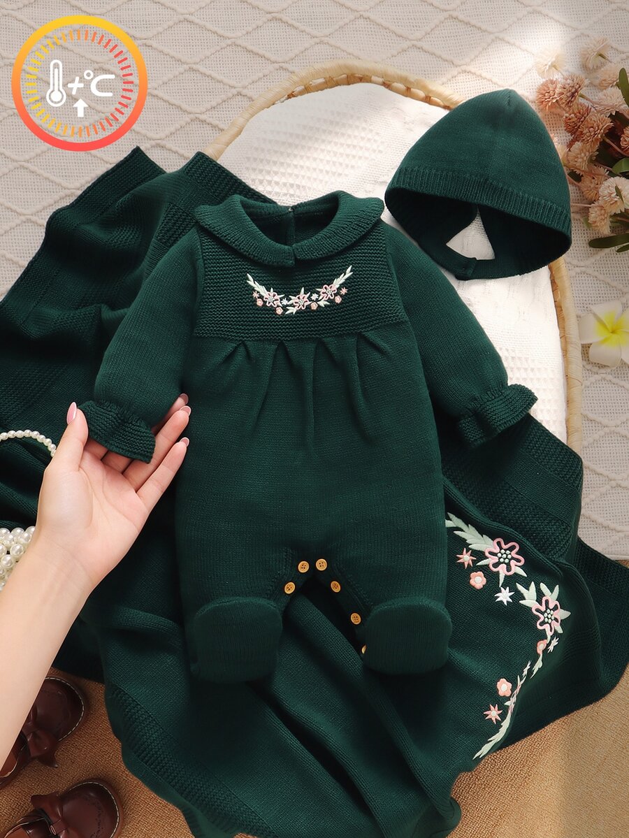 SHEIN 粉色嬰兒針織連身衣,精緻刺繡彼得潘領,連腳連身褲 3 件套,帽子 + 編織毯,新生兒套裝 - 墨綠色 - 查看 1