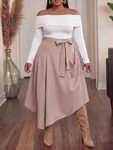 Slaydiva Plus Size Women's Skirt, Khaki Tie Waist Asymmetrical Slit Flowy Midi Skirt Fall - Khaki - View 10