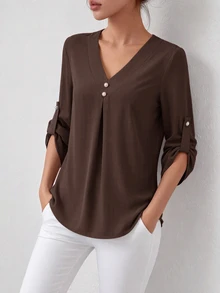 Medorina Women's Solid Color Casual Versatile Daily Wear Shirt - Brown - View 8