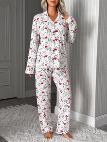 SHEIN Women 2 Pcs Button Front Hearts Pattern Homewear Cute Long Sleeve Pjm Set Sleep Shirt+Pants - Multicolor - View 3