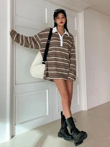 DAZY 女款對比色條紋領鈕扣寬鬆長袖T恤 - 黑色 - 查看 5