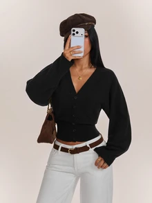 SHEIN PETITE Women's Solid Color Button Fitted Waist Knit Cardigan, Casual Everyday Wear, Autumn/Winter - Black - View 7