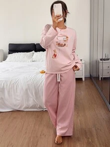 DAZY Cartoon Bunny Pattern Long-Sleeved T-Shirt And Straight-Leg Plaid Pajama Pants 2-Piece Women's Pajama Set - Pink - View 3