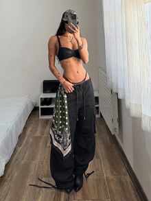 StreetHx 女款低腰寬鬆寬腿牛仔長褲 - 黑色 - 查看 6