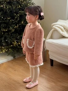 DAZY Infant (Girl) Round Neck Long Sleeve Fleece Jacket Set - Baby Pink - View 6