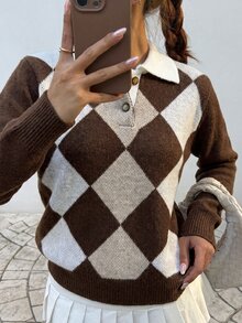 SHEIN LUNE 女款基礎極簡時尚領口格紋韓風秋冬毛衣 - 彩色 - 查看 5