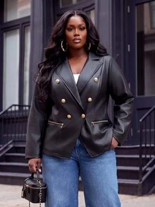 Slaydiva Plus Size Faux Leather Biker Blazer, Gold Zipper Double Breasted Lapel Slim Jacket - Black - View 1