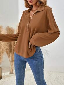 SHEIN LUNE 女款復古極簡鈕扣半開襟長袖T恤 - 摩卡棕 - 查看 5