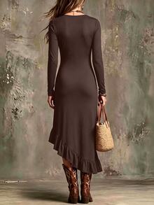 LUMIGAL Elegant Solid Color High Slit Hem Ruffle Trim Spaghetti Strap Long Sleeve Fitted Midi Dress - Brown - View 2