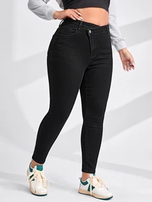 Flexra Plus Size Women's Fashion Casual Asymmetrical Waist Denim Skinny Jeans - Black - View 3