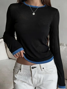 DAZY 女款拼色 2 合 1 分層圓領長袖休閒街頭風度假春秋冬內搭 T 恤 - 黑色 - 查看 6