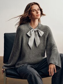 Briarwyn Women's Solid Color Knot Neck Design Long Sleeve Fashion Sweater - Grey - View 6