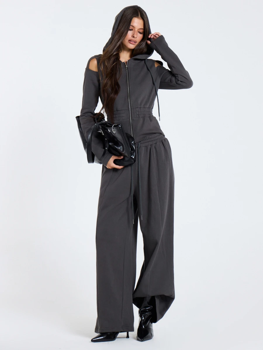 MUSERA Celana Jogger Abu-abu Pinggang Rendah dengan Detail Tali Serut, Pakaian Kasual Wanita Musim Gugur dan Musim Dingin - Grey - View 1