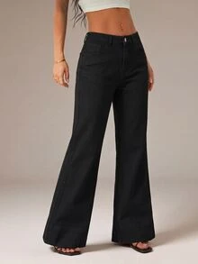 SHEIN PETITE Women's Casual Versatile Flare Leg Denim Jeans With Pockets - Black - View 3