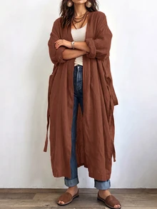 Linhara CURVE Jaket Linen Panjang Kasual Wanita, Pakaian Luar Kasual untuk Jalan-jalan dan Berpergian - Rust Brown - View 6