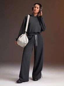 Powerista Women's Solid Color Drop Shoulder Long Sleeve Casual Hooded Sweatshirt - Dark Grey - View 6
