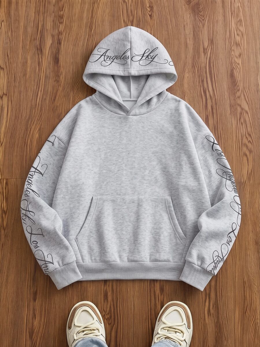 SWAVVY Áo hoodie nam dệt kim thời trang phong cách casual dáng rộng tay dài thêu chữ tiếng Anh - Xám - Xem 1