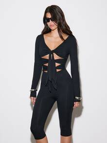 BAD SUNDAY Women's Autumn/Winter Long Sleeve Deep V-Neck Slim Fit Jumpsuit Y2K Style - Black - View 4