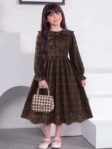 Tween女孩長袖格紋收腰蝴蝶結誇張領長洋裝 秋冬款 - 卡其色 - 查看 15