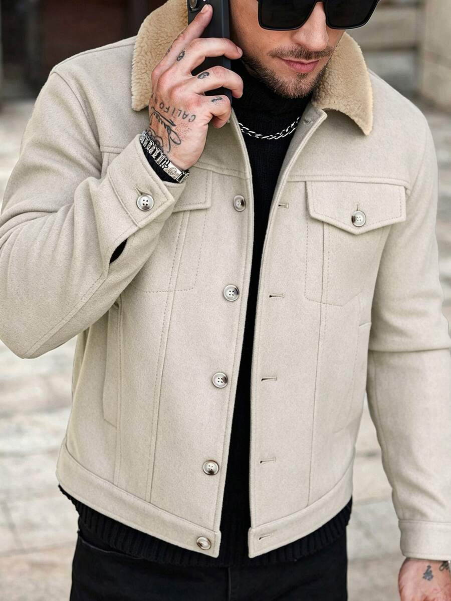 Manfinity CasualCool 男士秋冬翻領長袖單排扣休閒大衣 - 卡其色 - 查看 1