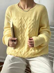 Elenzga Plus Size Women Casual Solid Color Crew Neck Long Sleeve Sweater Fall Winter - Pale Yellow - View 3