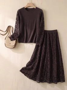 Rusticease Set Atasan dan Rok Lengan Panjang Semi-Transparan untuk Wanita - Chocolate Brown - View 1