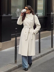 Lavishia Women's Fashion Versatile Solid Color Double-Breasted Coat, Autumn/Winter - Apricot - View 4