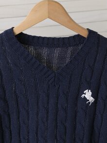 SHEIN 青少年女孩海軍藍騎士刺繡麻花編織V領毛衣，學院風，適合秋冬穿著 - 藏蓝色 - 查看 5