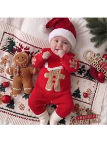 Loomiva .Kids Baby Boy Casual Christmas Gingerbread Man Christmas Snowflake Pattern 3D Design Christmas New Year Red Comfortable Autumn Winter Sweater Romper - Red - View 1