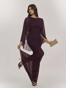 SHEIN Tall 女款優雅網紗拼接收腰派對洋裝 - 紫色 - 查看 7