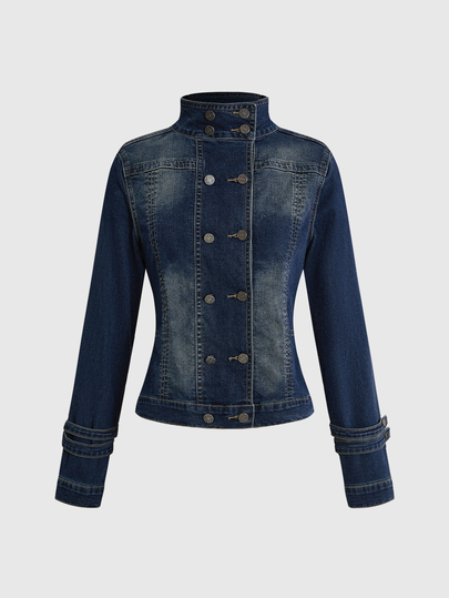 ROMWE Y2K Women's Distressed Double-Breasted High Neck Denim Jacket