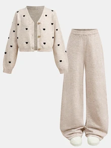 Tween Girl Tween Girls Sweater Co-Ords Autumn/Winter Casual Solid Color Apricot Heart Pattern Hem Cardigan And Knit Pants 2 Pieces Set - Apricot - View 6