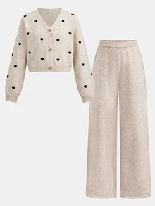 Tween Girl Tween Girls Sweater Co-Ords Autumn/Winter Casual Solid Color Apricot Heart Pattern Hem Cardigan And Knit Pants 2 Pieces Set - Apricot - View 5