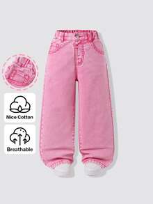 SHEIN Elladie kids 女童粉色寬腿牛仔褲，高腰休閒長褲，幼兒時尚褲裝 - 粉色 - 查看 4