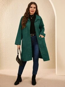EMERY ROSE Plus Size Country Outfits Women Corduroy Double Pocket Button Placket Midi Coatan,Fall Women Clothes - Dark Green - View 4