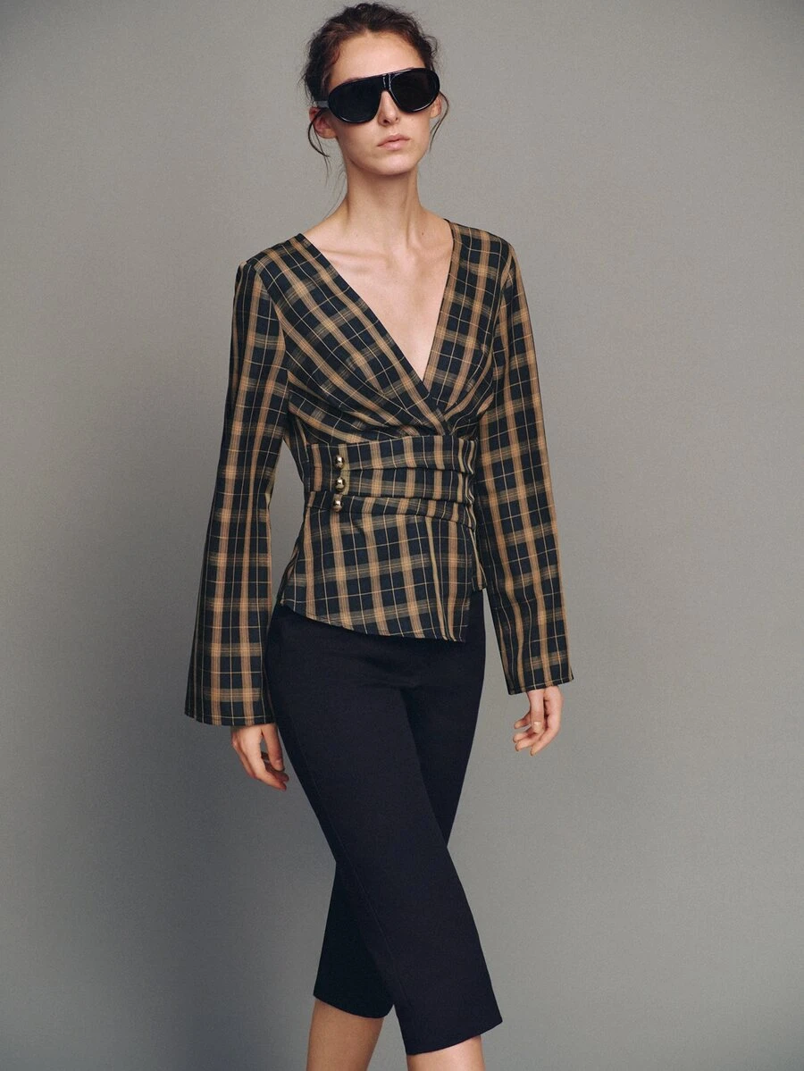 MOTF PREMIUM V-Neck Fitted Ruched Plaid Long Sleeve Top, Autumn/Winter - Navy Blue - View 2