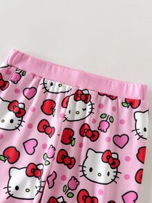 HELLO KITTY AND FRIENDS | SHEIN Set Piyama Rumahan Kasual Sehari-hari untuk Anak Perempuan, Atasan Lengan Panjang dan Celana Motif Kartun - Berwarna merah muda - View 4