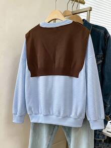 INAWLY Casual Striped Crew Neck Loose Top Paired With Knitted Shawl, Minimalist Commuter Elegant Layered Sweatshirt - Blue - View 2