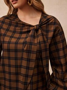 Écloséra Curve Plus Size Women's Vintage Plaid Print Shirt With Tie Decor - Multicolor - View 3