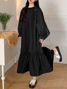 DAZY Women's Solid Color Round Neck Long Sleeve Ruffle Hem Casual Loose Fit Dress - Black - View 5