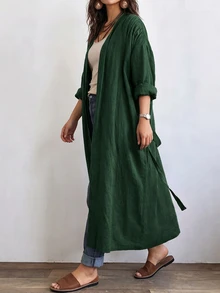 Linhara CURVE Women's Long Casual Linen Jacket, Outdoor Casual, Commute Top - Dark Green - View 5