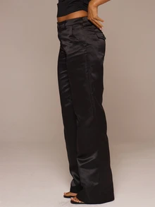 MUSERA ESSENTIALS Black Satin Low Rise Straight Leg Pants Autumn Winter Night Out Day To Eve - Black - View 3