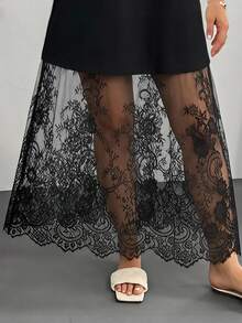 Shapeblank Plus Size Romantic Lace Patchwork Dress, Suitable For Graduation Ceremony, Birthday Party, Elegant And Noble Style, Autumn Outfit - Black - View 5