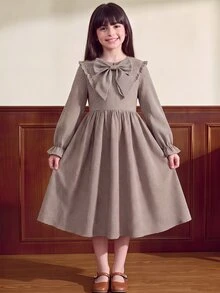 Tween Girl Tween Girl Tween Girl Tween Girls Long Sleeve Plaid Cinched Waist Bow Exaggerated Collar Long D - Khaki - View 6