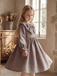 Tween Girl Tween Girl Tween Girl Tween Girls Long Sleeve Plaid Cinched Waist Bow Exaggerated Collar Long D - Khaki - View 4