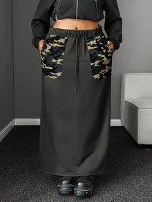 Maweii Plus Size Women's Daily Commute Dark Gray Knit Drawstring Waist Long Straight Drape Skirt, Camouflage Contrast Pocket, Added Casual Workwear Style, Back Center Slit - Grey - View 1