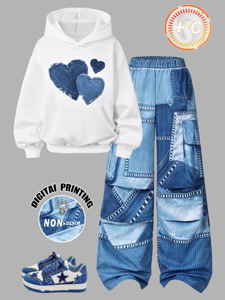 Tween Girls Blue & White Hooded Sweatshirt Set, Heart Print Thermal Lined Loose Hoodie With Wide Leg Pants 2 Pieces Set, Autumn/Winter - White - View 7