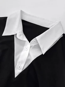SHEIN Clasi Plus Size Minimalist Casual Versatile Colorblock Collared Long Sleeve Top For Women - Black and White - View 3