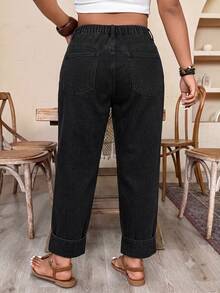 Breezaya CURVE Plus Size Pure Black Distressed Denim Carrot Pants With Semi-Elastic Waist, Rolled Hem, Multiple Pockets, Flattering Fit, Versatile Casual Pants - Black - View 2