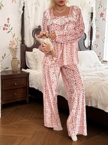 CottageSlumber Women's Velvet Floral & Striped Print Long Sleeve Pants Pajama Set, Lace Patchwork Design, Romantic Casual Style, Suitable For Autumn/Winter - Pink - View 4